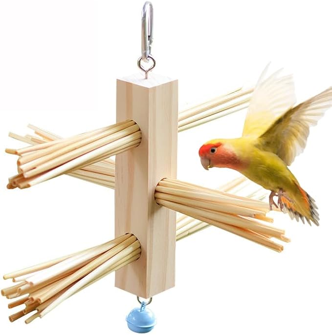 Parrot Toy Cage Perch with Wheat Straw Chewing Toy Pine Wood Foraging Toy