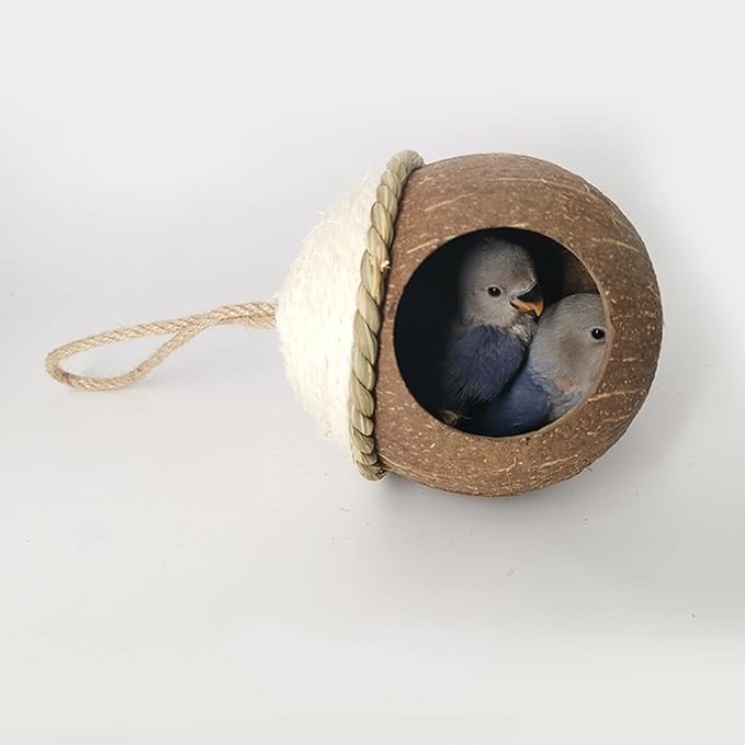 Nest for Birds Bird Nest House Natural Coconut Shell Simulation Birdhouse Grass Bird Hut Parakeet Nesting Box (Straw Rope Wood