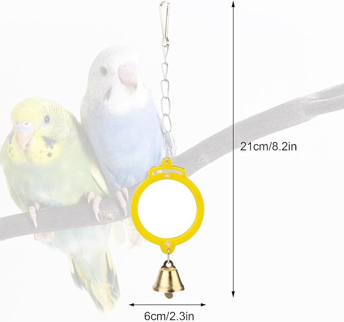 Pet Bird Mirror with Bell Interactive Treat Puzzle Parrot Toy Bird Cage Mirror Small Bird Swing Chew Toys Fun Cage Accessories (Color Random) (Round Shape)