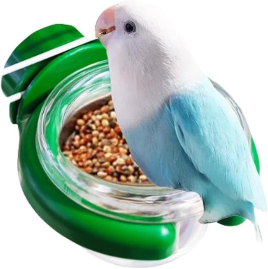 Bird Cage Feeder Portable Bird Plastic Feeding Dish Cup Detachable Bowl with Perch for Parakeet Budgies Cockatiel Lovebird Small Birds (Round,Green)