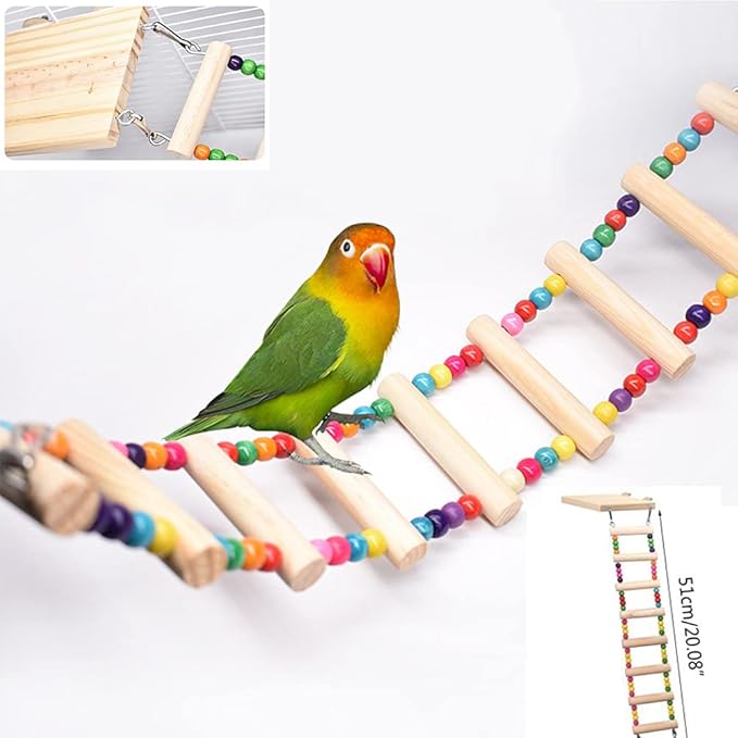 Bird Ladder Toys, Wood Parrot Bird Perch Stand Platform with 8 Ladders Swing Bridge for Pet Training Playing, Flexible Birds Cage Accessories Decoration for Cockatiel Parakeet