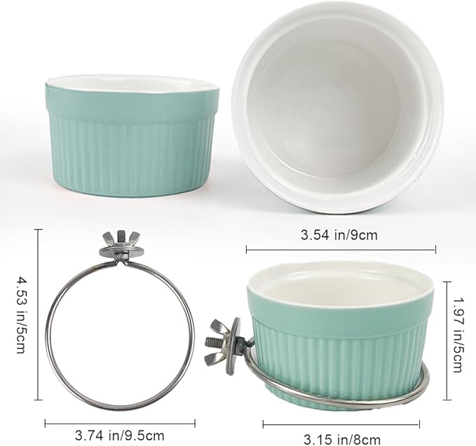 Bird Feeding Cups Parrot Food Cage Bowl Clamp Holder Coop Cup, Ceramic Bird Cage Water Bowl, Pet Feeder Cage for Parakeet African Greys Conure Cockatiels Lovebird Budgie-Blue