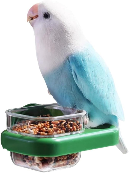 Bird Cage Feeder Portable Bird Plastic Feeding Dish Cup Detachable Bowl with Perch for Parakeet Budgies Cockatiel Lovebird Small Birds (Square,Green)