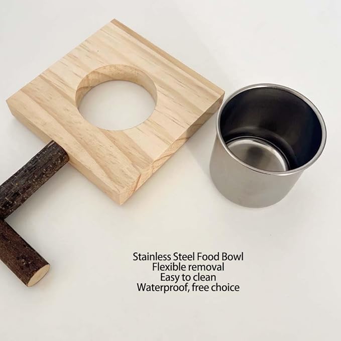 Bird Food Stainless Steel Cups Wooden Perch Stand Hanging Feeder Bowls Feeding and Watering Supplies for Parakeets Conures Cockatiels Budgie Parrot (with Two Cups)