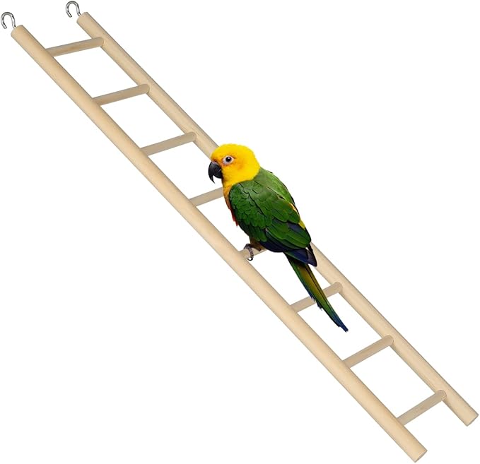 14.7 Inch Bird Ladder for Parakeets and Cockatiels, 8-Step Natural Wood Parrot Climbing Toy with Stainless Steel Hooks - Safe Chewing Cage Accessory