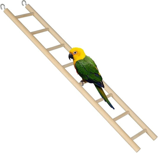14.7 Inch Bird Ladder for Parakeets and Cockatiels, 8-Step Natural Wood Parrot Climbing Toy with Stainless Steel Hooks - Safe Chewing Cage Accessory