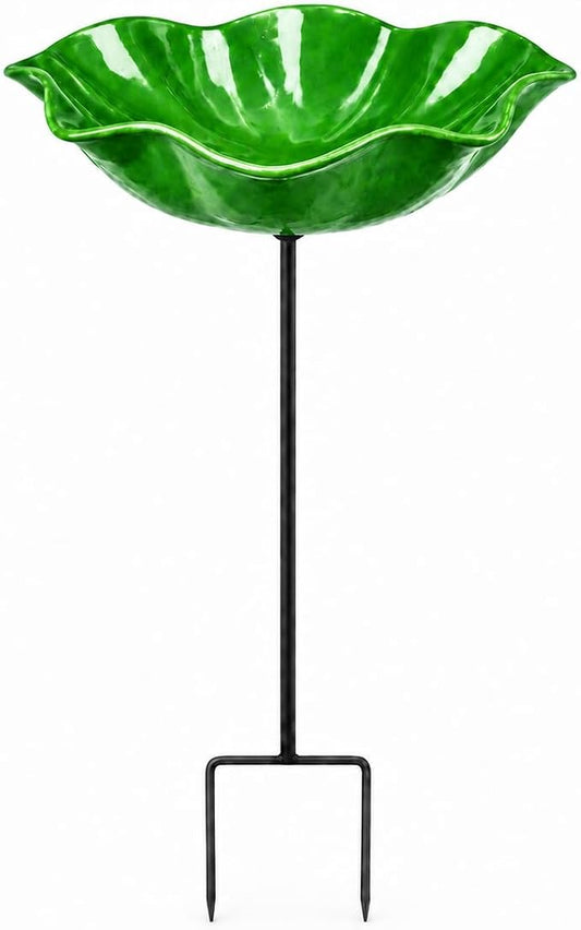Bird Bath for Outside, Metal Flower Stakes with Bee Watering Station for Garden Decor, Decorative Flower Bath for Yard Patio or Backyard (Green)