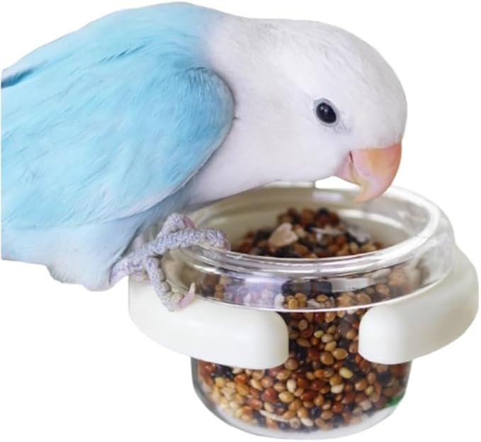Bird Cage Feeder Portable Bird Plastic Feeding Dish Cup Detachable Bowl with Perch for Parakeet Budgies Cockatiel Lovebird Small Birds (Round,White)