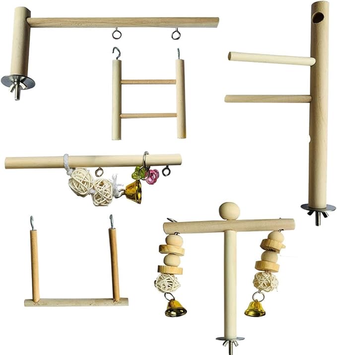 Hamiledyi Natural Wood Bird Play Gym for Small Birds, Parakeet Cockatiel Playstand with Perch, Ladder & Swing Toys for Cage Top(Style B)
