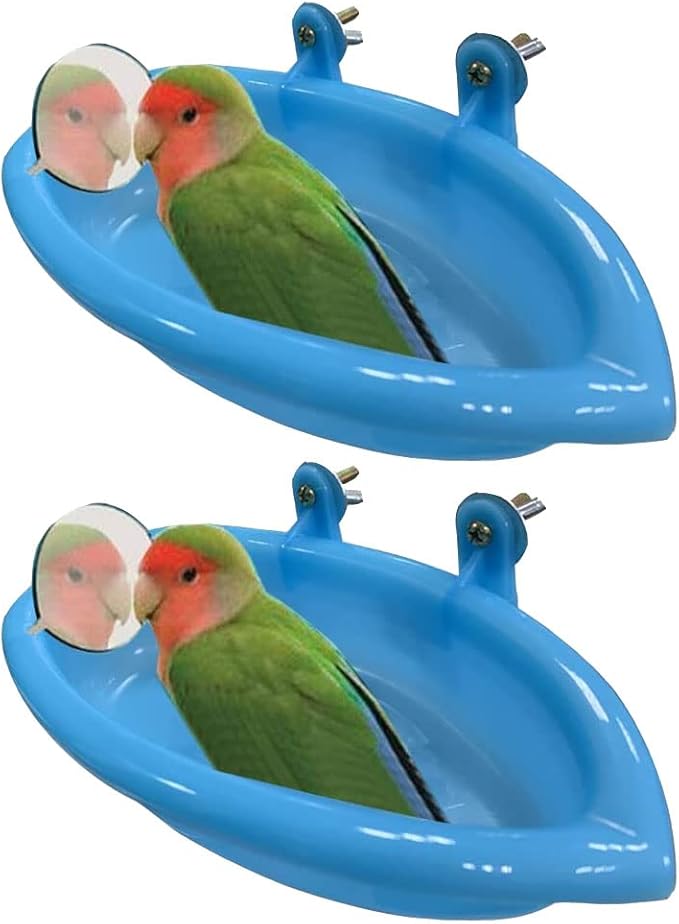 2PCS Bird Bath Tub Plastic Bird Bath Toy Bird Cage Accessories with Mirror for Pet Parrot Parakeet Cockatiel
