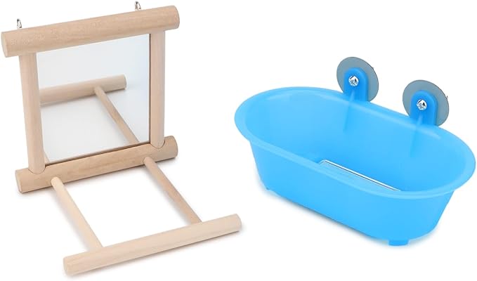 Wontee Bird Bath Parrot Bathing Tub Bird Mirror with Perch Toys for Budgies Parakeets Cockatiels Lovebirds Finches Canaries (Blue (A))