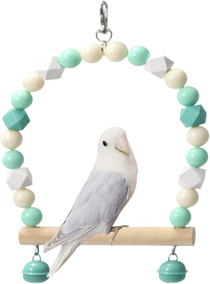 Wooden Bird Swing for Cockatiels Parrot Perch Hanging Toys Parakeets Birdcage Stands Cage Playground Play Gyms Accessories Colorful Bead Bell Climbing Toy for Lovebirds Conures Budgies (Green)