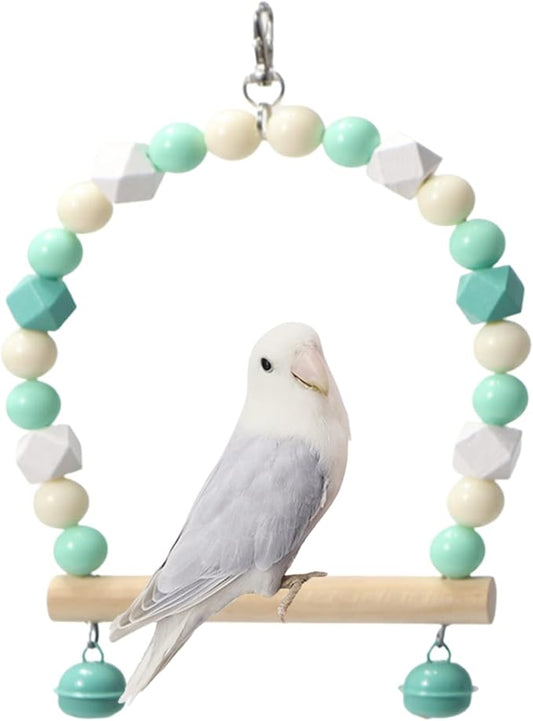 Wooden Bird Swing for Cockatiels Parrot Perch Hanging Toys Parakeets Birdcage Stands Cage Playground Play Gyms Accessories Colorful Bead Bell Climbing Toy for Lovebirds Conures Budgies (Green)