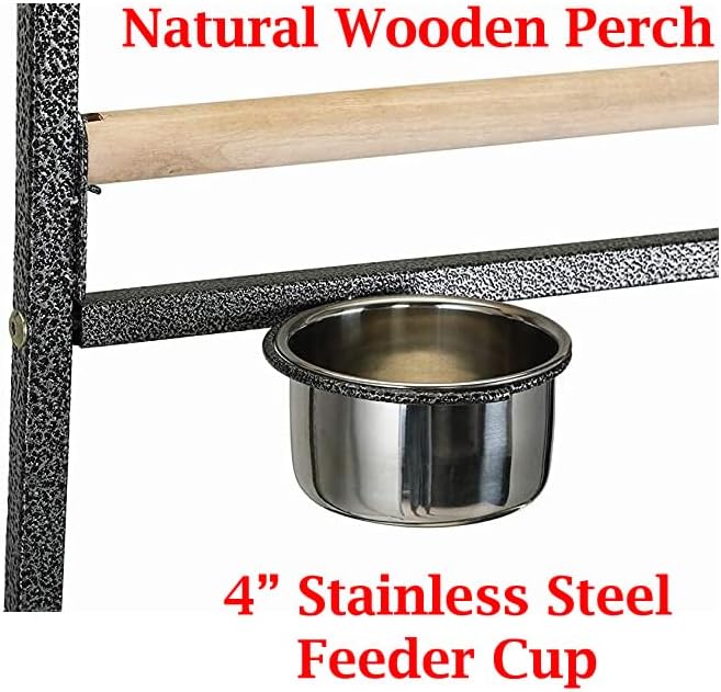 Elegant Design Wrought Iron Parrot Cockatiel Cockatoo Bird Play Perch Gym Ground Rolling Stand with Removable No Rust Stainless Steel Pan and Feeder Cups