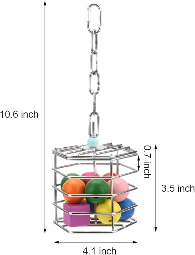 Bird Stainless Steel Foraging Feeder Parrot Hanging Feeding Box for Macaw African Grey Cockatoo Cockatiel Amazon Cage (Foraging Feeder with Blocks)