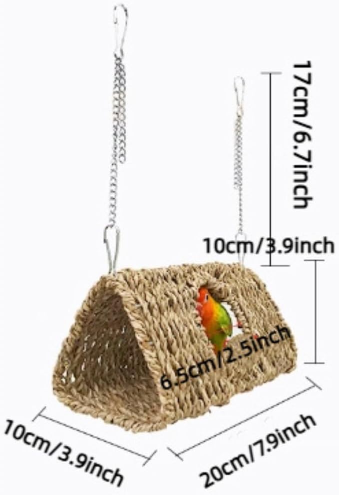 Seagrass Bird Triangle House Sea Grass Tent Parrot Tunnel with Hole Natural Hanging Hammock Swing Nest Bird Snuggle Hut Toy for Hamster Lovebird Budgie Conure Cockatiel (Small)
