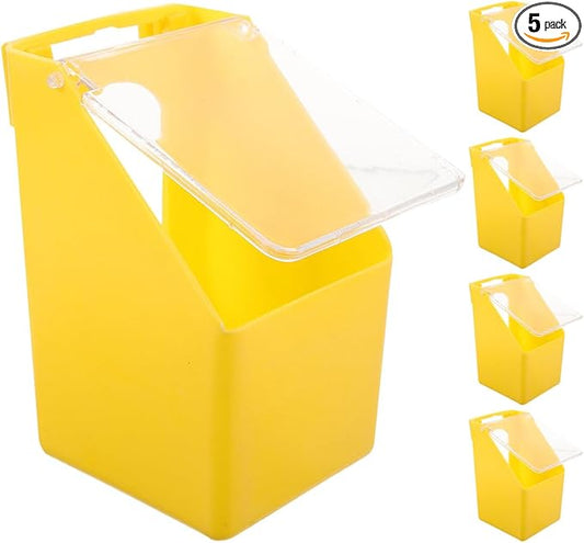 5pcs Yellow Hanging Bird Cage Feeders with Clear Lids Plastic Single Hole Pigeon Feeder Boxes for Parakeet Dove Quail Poultry Food and Water Dispenser Easy Installation and Stable