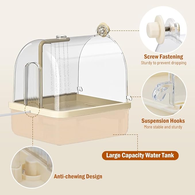 Bird Bath for Cage, Automatic Parakeet Bath with Pump, Indoor Bird Shower with Running Water, Filter, Bird Cage Accessory for Pet Birds, Lovebirds, Finches, Cockatiel