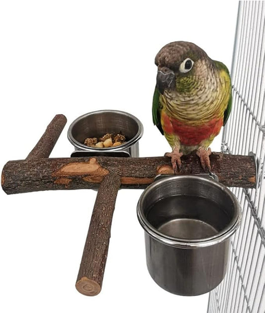 Stainless Steel Bird Feeding Bowl with Wooden Perch for Parakeets, Budgies, Lovebirds and Parrots