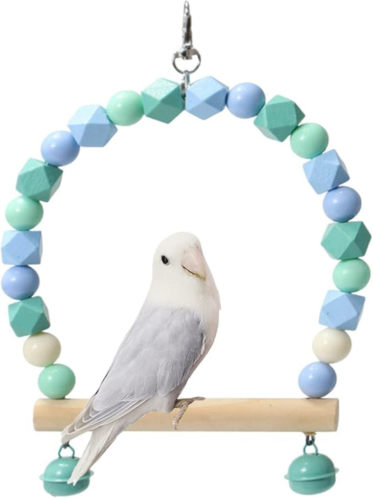 Wooden Bird Swing for Cockatiels Parrot Perch Hanging Toys Parakeets Birdcage Stands Cage Playground Play Gyms Accessories Colorful Bead Bell Climbing Toy for Lovebirds Conures Budgies (Blue-Green)