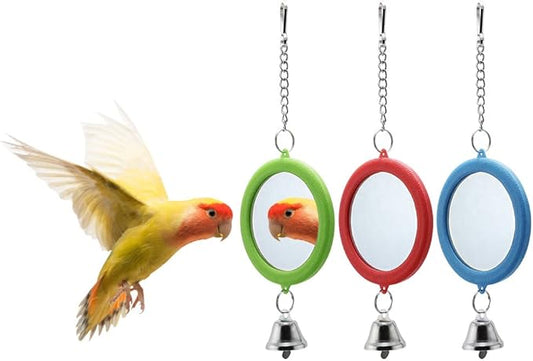 Litewoo 3-Piece Parrot Mirror Toys with Bell Pendant Toy for Bird Parakeet Cockatiel Budgie Conure（Round）