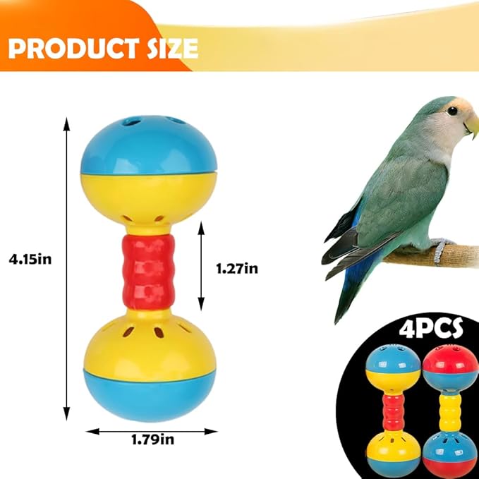 DQITJ 4 Pcs Bird Barbell Dumbell Foot Toy Bird Rattles Bells Enrichment Playing Accessories for Small Bird Parrot Finch Parakeet Cockatiel Conure