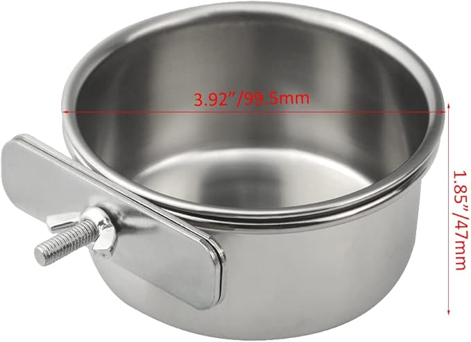 2Pack Bird Feeding Dish Cups Stainless Steel Parrot Feeders Water Cage Bowls with Clamp Holder for Parakeet Conure Cockatiels Macaw Small Animal (10cm)