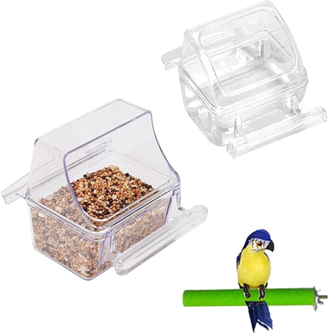 2 Pack Bird Cage Feeder – Clear Water Bowl & Food Container with Perch | No Mess Design for Parakeets, Bird Cage Accessories for Clean Feeding