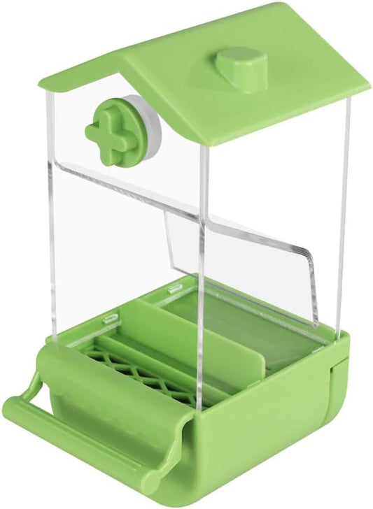 Automatic Bird Feeder with Perch, No Mess Transparent Parrot Food Dispenser for Small Medium Birds Parrots, Finches, Lovebirds, Canaries