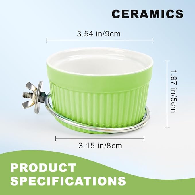 Bird Feeder for Cage Bowl, Ceramic Parrot Feeding Cups - Automatic Easy to Clean & Install, Dishwasher Safe Small Animal Food Water Bird Dish for Parrots, Cockatiels, Canaries(Green)