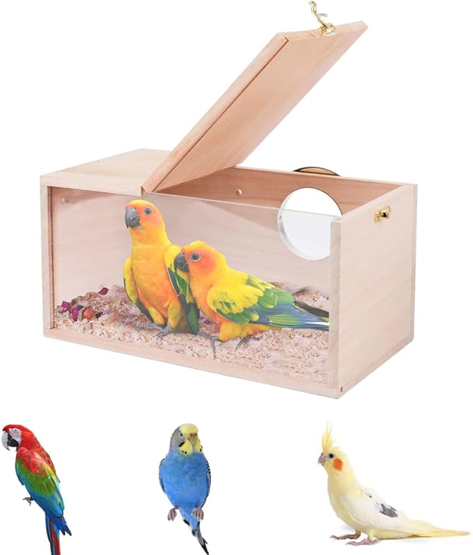 Natural Wood Nesting Box for Parakeet Birds Transparent Design Breeding Box with Perch Wood Bird Cage House for Cockatiel Lovebirds Budgie Finch Parrotlets Canary (Small)