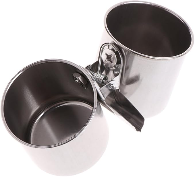 Youngy Food Water Feeding Bird Double Cups with Clip Stainless Steel Parrot Cage Stand - M