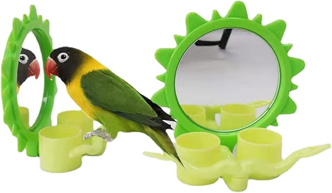 Parrot Mirror for Cage Hanging Bird Feeder with Plastic Perch Food Water Bowl Feeding Cups Easy to Install Bird Mirror with Perch