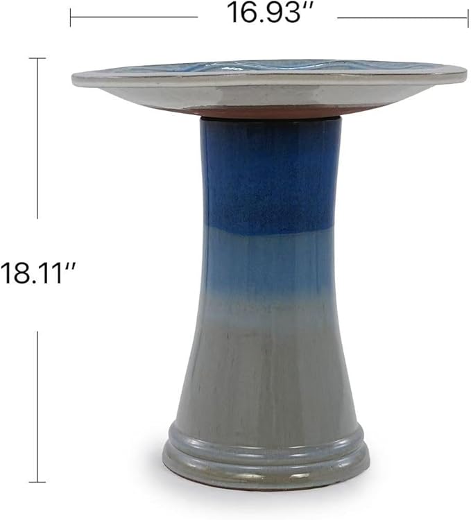 Ceramic Bird Bath for Outdoors, 18" H Weather-Resistant Birdbath for Garden Bird Watching, Pedestal Glazed Birdbaths, Sapphire Blue