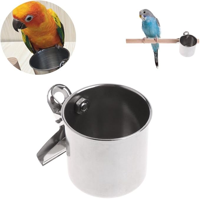 Bird Feeder Stainless Steel Bowls for Cage Parakeet Dish Parrot Water Cups with Clip for Canary Lovebird Bird Feeders for Outdoors Hanging Squirrel Resistant, Large