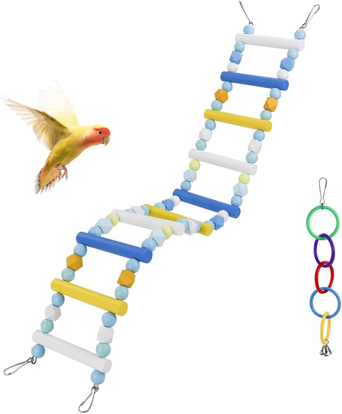 WishLotus Climbing Ladder and Five Colored Ring Bird-Toys, 2 PCS Up and Down Parrot Toys, Bird Cage Toys for Budgerigar, Red-Billed Leiothrix (Blue+Yellow)
