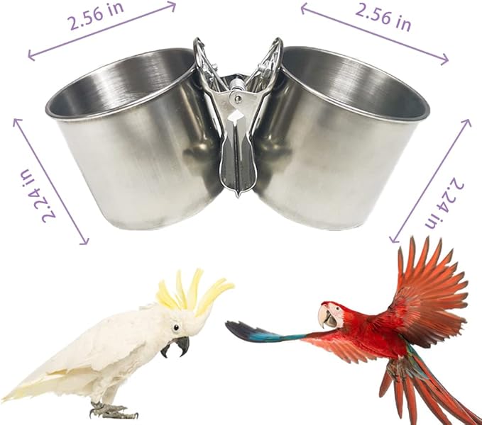 Texsens Bird Feeding Cups - Parrot Food Dish Stainless Steel Parrot Feeders Water Cage Bowls with Clamp Holder for Parakeet African Greys Conure Cockatiels Budgies Chinchilla Small Animal