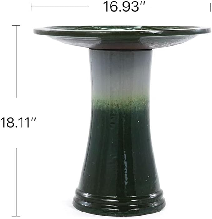 Ceramic Bird Bath for Outdoors, 18" H Weather-Resistant Birdbath for Garden Bird Watching, Pedestal Glazed Birdbaths, Grass Green