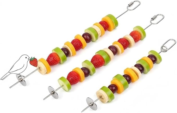 3P Stainless Steel Bird Cage Food Holder & Foraging Toy for Parakeets, Budgies, Macaws - Fruit & Vegetable Skewer Feeder