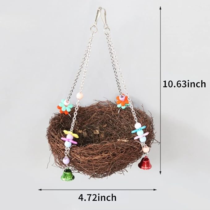 Natural Rattan Nest Small Medium Large Bird Swing with Bells for Parrot Parakeet Cockatiel Conure Cockatoo Macaw Amazon African Grey Lovebird Finch Canary Budgie Cage Perch Toy (Small)