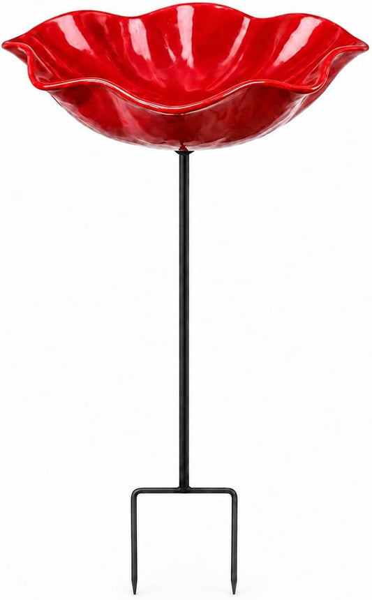 Bird Bath for Outside, Metal Flower Stakes with Bee Watering Station for Garden Decor, Decorative Flower Bath for Yard Patio or Backyard (red)