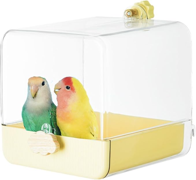 Bird Bath for Cage, Cleaning Pet Supplies Cockatiel Bird Clear Spacious Bathtub with Bottom Drawer for Parrots Parakeets, Conures, Quakers, Portable Shower for Most Birdcage (Yellow)