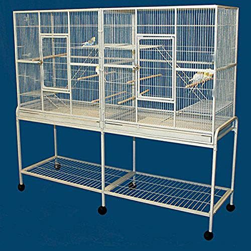 Extra Large Double Center Divider Birdhouse Treehouse Bird Flight Breeder Cage with Breeding Nest Box Doors Removable Rolling Stand (White Vein, 63" L x 19" W x 64" H)