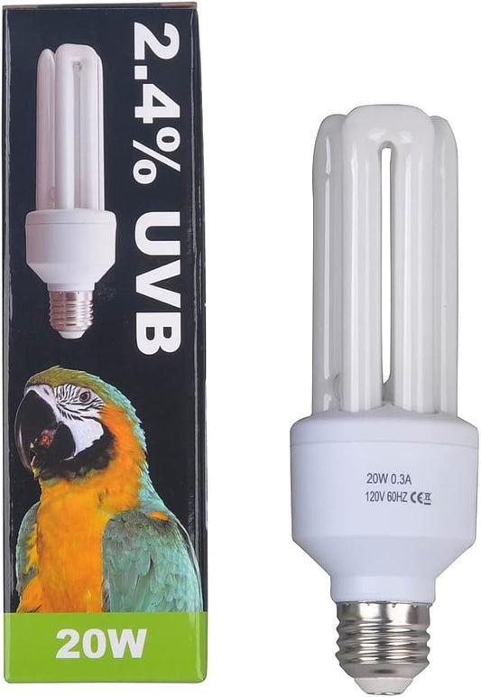 LUCKY HERP 2.4% UVB Bird Fluorescent Bulb 20W - Full Spectrum Avian Light for Parrots, Cockatiels & Conures - Promotes Vitamin D3 & Feather Health - E26 Base, 3-U Tube CFL