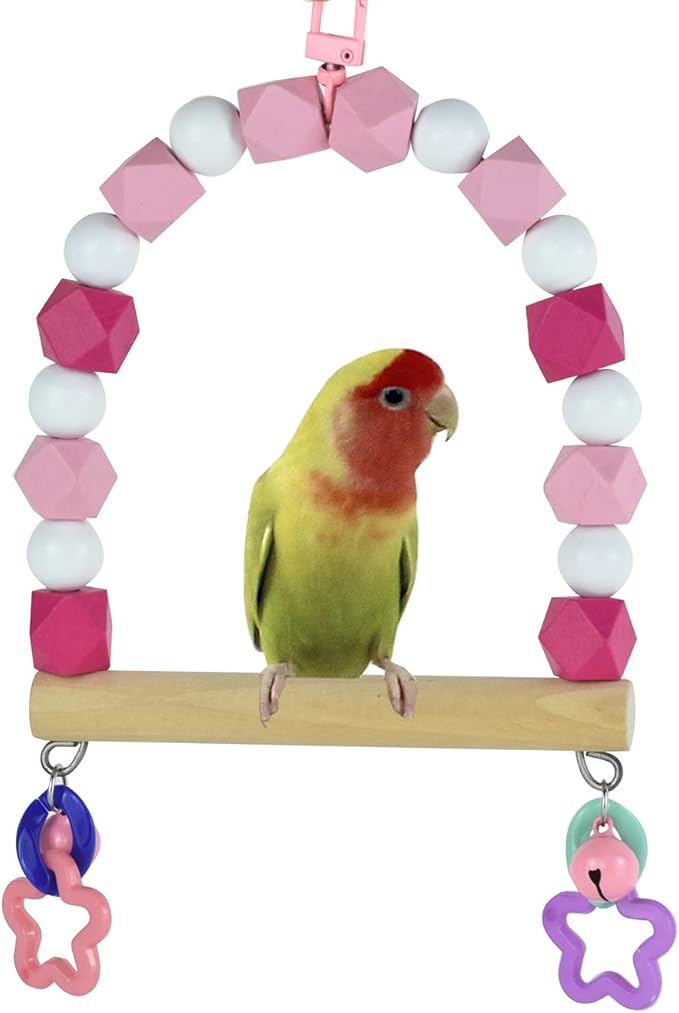 Bird Swing Perch, Birdcage Swing for Small Birds, Parrot Wood Stand Colorful Bead Swing with Bell, Hanging Bird Cage Toy, Parakeet Stand Climbing Toy for Lovebirds Conures Cockatiels Budgies