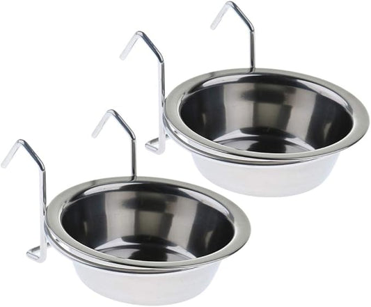 2 Pcs Stainless Steel Bird Parrot Feeding Cups Cage Hanging Bowl, Bird Coop Cups Seed Water Food Dish Feeder Bowl