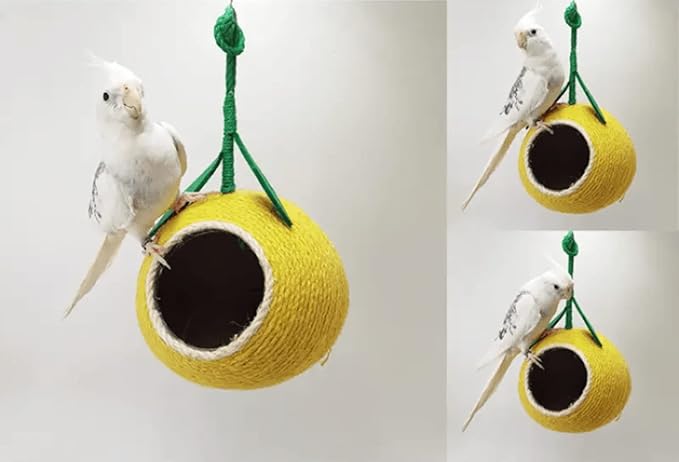 Nest for Birds Bird Nest House Natural Coconut Shell Simulation Birdhouse Grass Bird Hut Parakeet Nesting Box (Yellow)