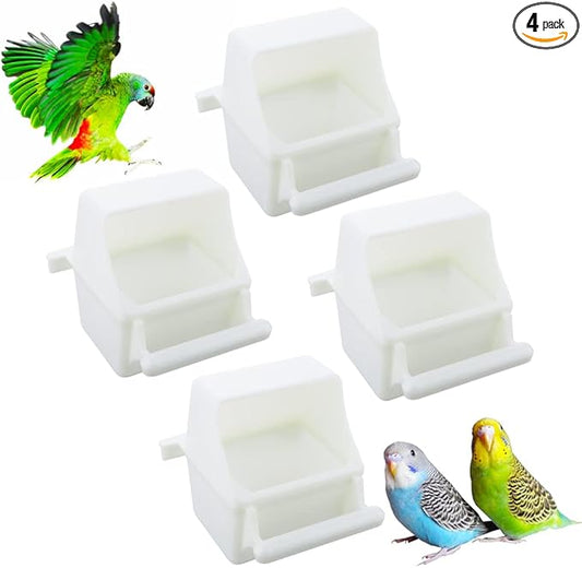 4 Pcs Bird Small Slot Feeder Plastic Food and Water Dispenser Bowl No Mess Cage Hanging Feeder Cup (White)