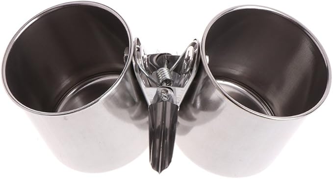 Youngy Food Water Feeding Bird Double Cups with Clip Stainless Steel Parrot Cage Stand - M