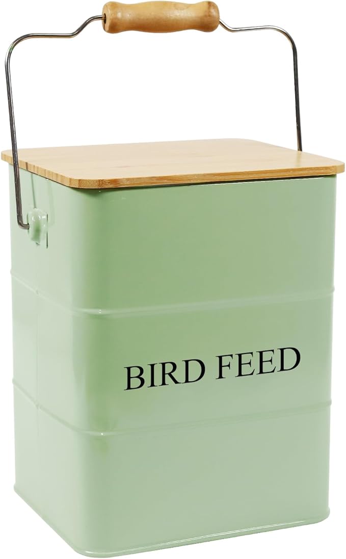 Metal Bird Seeds storage container,Outdoor Bird Container Canister, Pet Food Bin with Wooden Lid/Handle/Food scoop,hold 5-6 Lbs of Wild Bird Seed Sunflower Seed-Preventing Squirrels-Green